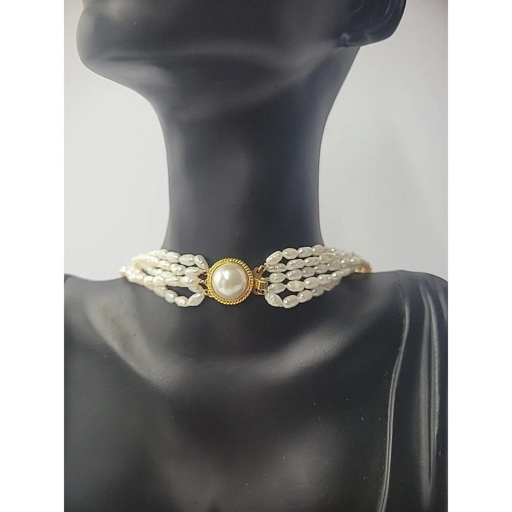 Vintage Necklace Multi Strand Beaded Gold Tone‎ White Bead Slide Clasp Jewelry